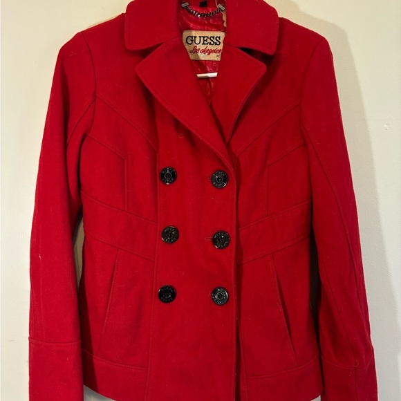 Vintage Y2K GUESS Preppy Pea Coat Women's Cherry Red Wool Jacket - Size Small - Picture 6 of 14